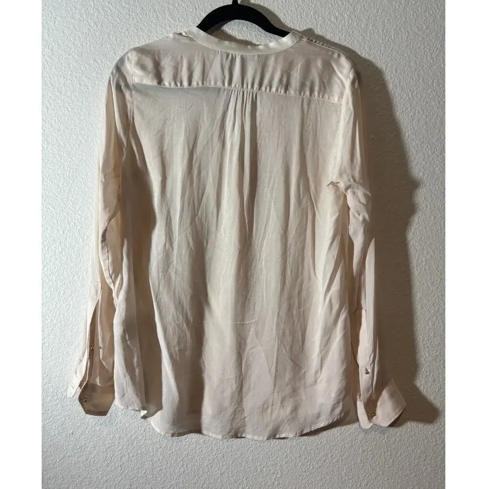 Zara Woman Size S Cream Semi-Sheer Popover Split V-Neck Long Sleeve Top